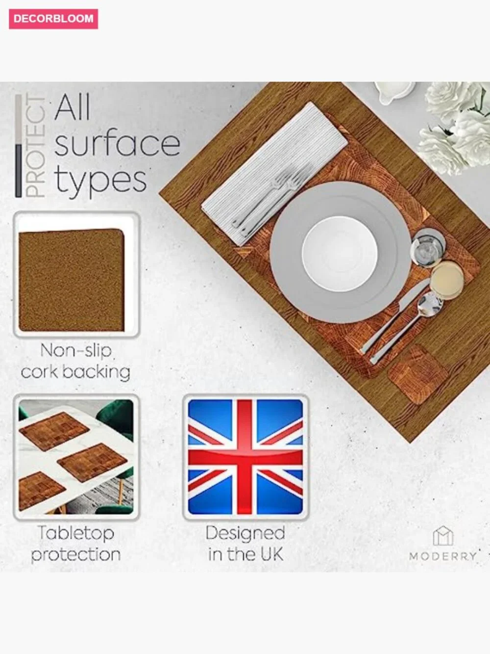 Set of 4 Heat Resistant Cork Placemats with 4 Coasters Marble Design